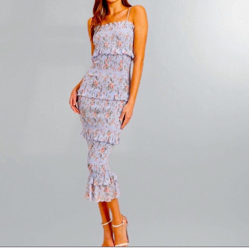 Smocked Floral Midi Tude Dress